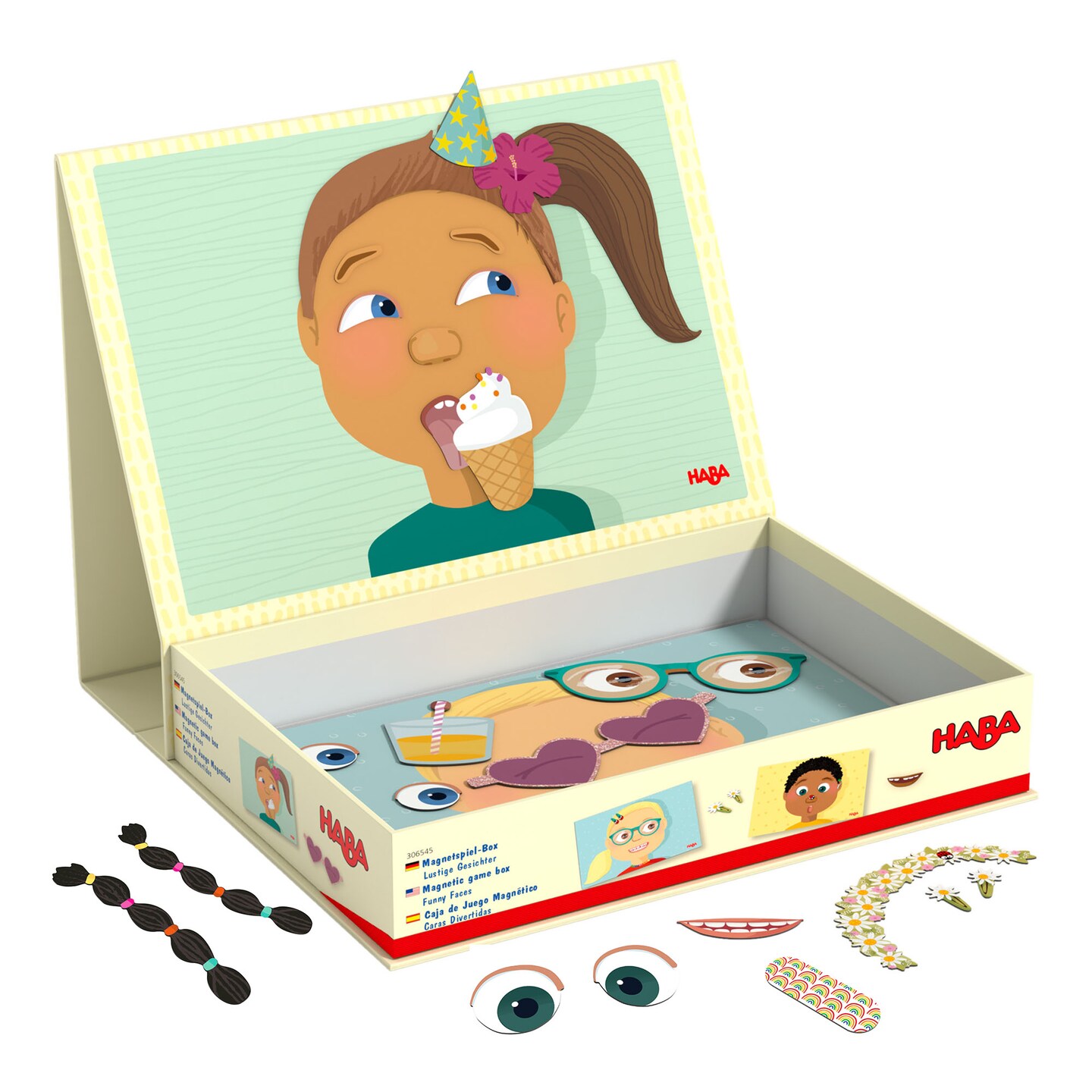 HABA Magnetic Game Box Funny Faces - 3 Basic Faces to Decorate with 96 Magnetic Pieces in Travel Carrying Case