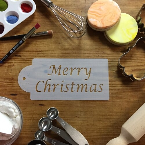Merry Christmas Cake Stencil | C016 by Designer Stencils | Cake Decorating Tools | Baking Stencils for Royal Icing, Airbrush, Dusting Powder | Reusable Plastic Food Grade Stencil for Cakes & Cookies | Easy to Use & Clean Cake & Cookie Stencil