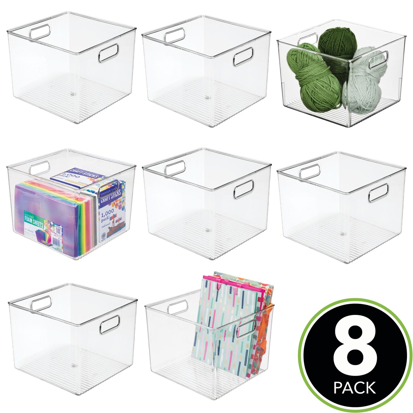 mDesign Art and Craft Plastic Storage Organizer Bin with Handles, 8 Pack, Clear