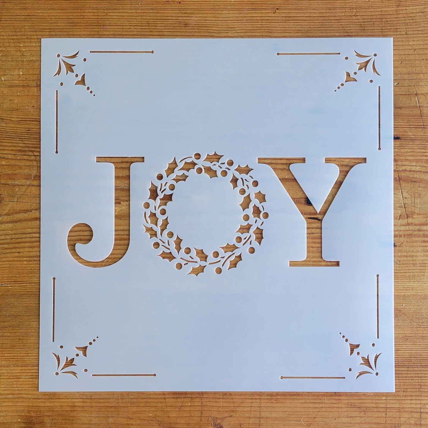 Joy with Holiday Wreath Embossing 12 x 12 Stencil | FS105 by Designer Stencils | Word & Phrase Stencils |