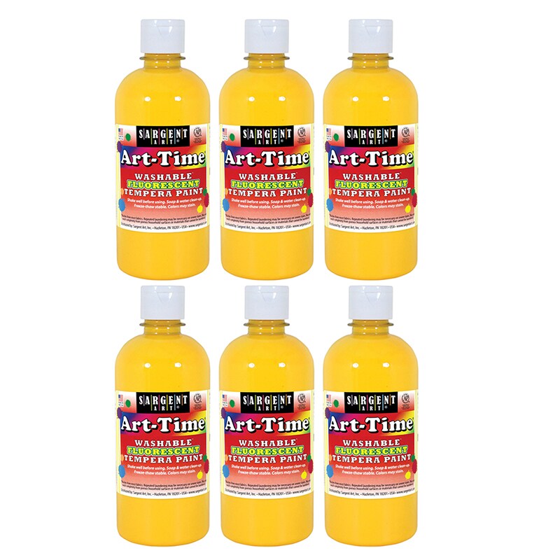 Art-Time® Washable Fluorescent Tempera Paint, Yellow, 16 oz., Pack of 6 ...