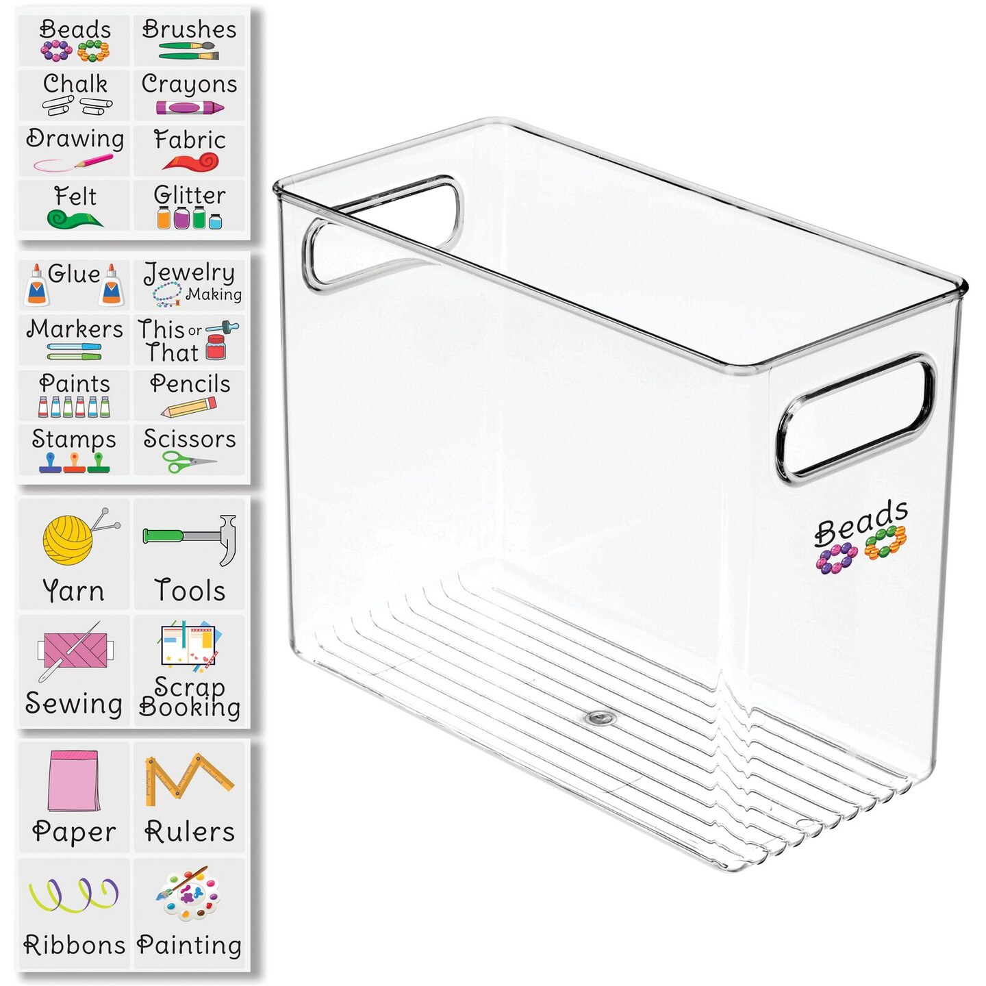 mDesign Plastic Craft Room Storage Box with Handles + 24 Labels Clear