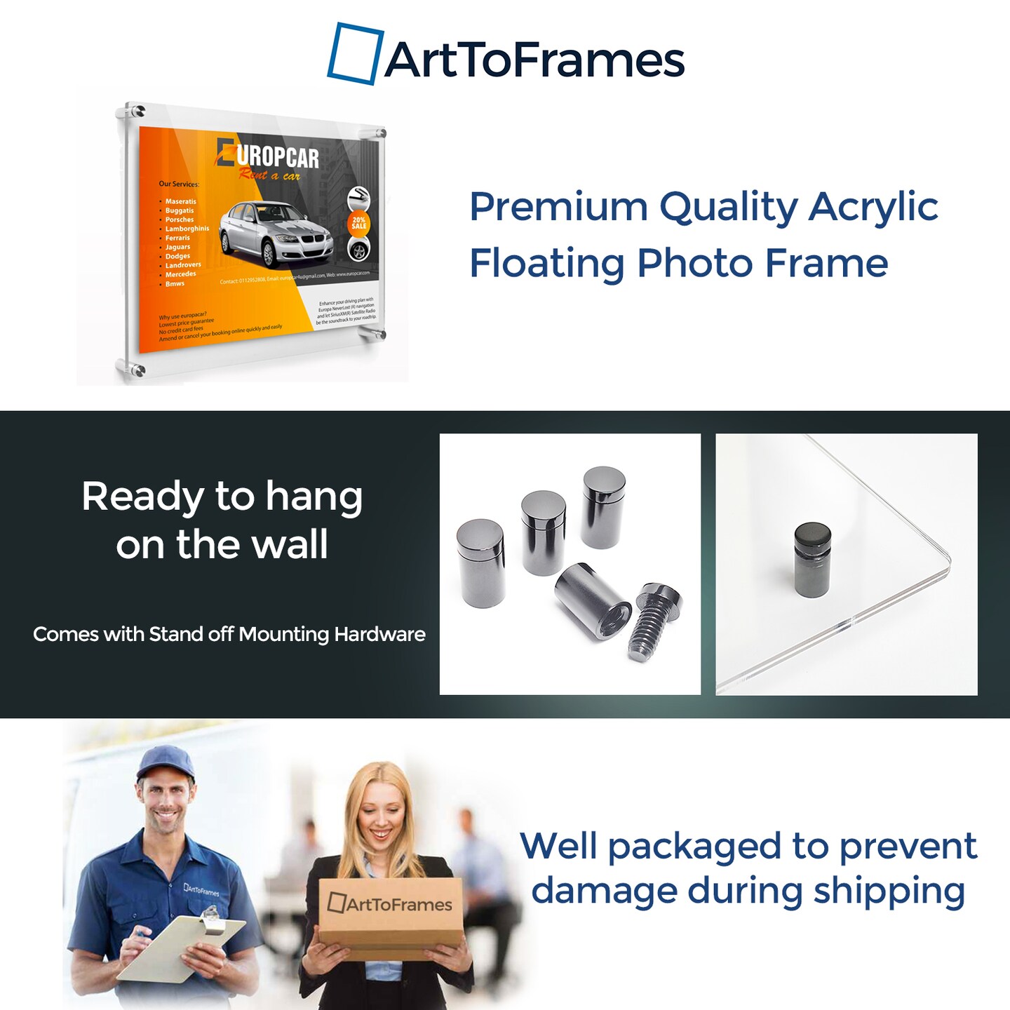 ArtToFrames 12x24 inches Floating Acrylic Frame (Full Frame is 16x28) with Choice of Chrome, Gold, Satin, White or Black Standoff Hardware