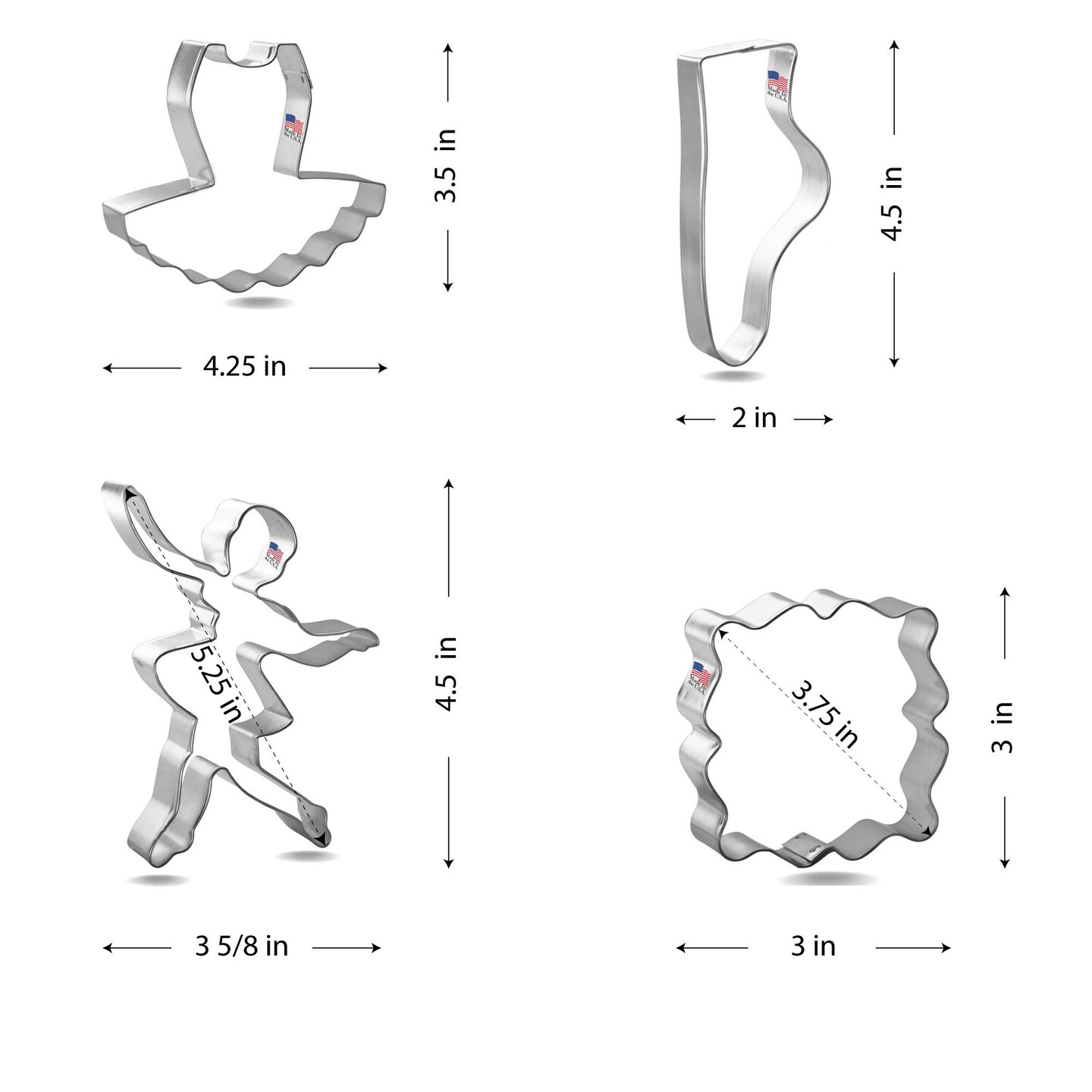CookieCutter.com Ballet 4 Piece Cookie Cutters Set, Ballerina, Tutu, Ballet Slipper, Fancy Square, Tin Plate Steel, USA