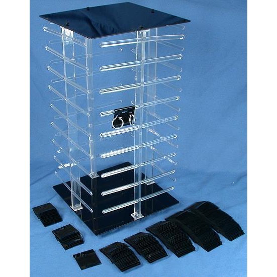 100 Black Earring Cards Revolving Rotating Display 4 Sided Stand