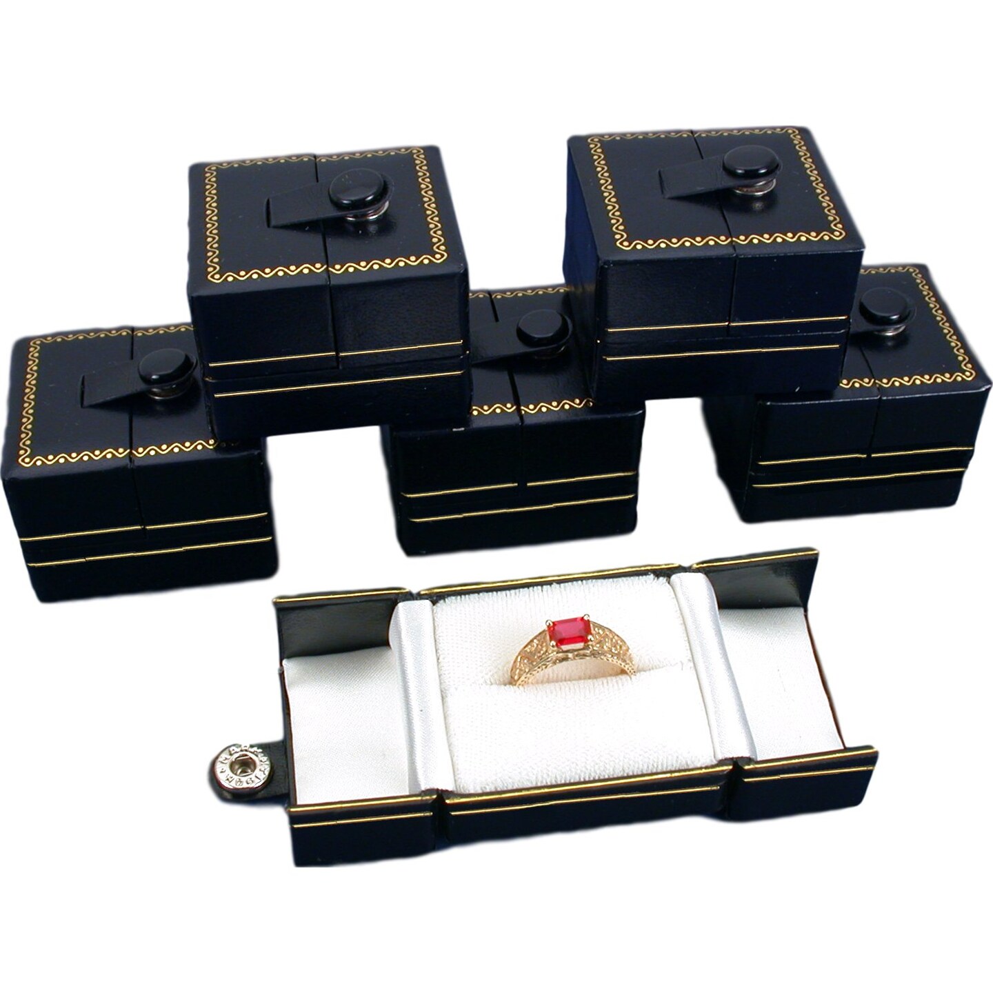 6 Black Leatherette Snap Closure Ring Boxes Displays