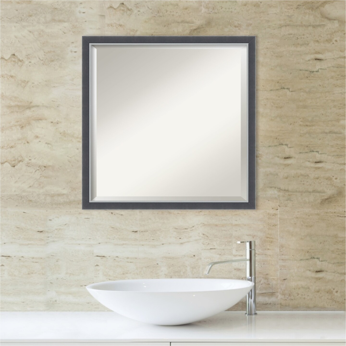 Beveled Bathroom Wall Mirror, Eva Black Silver Thin Frame