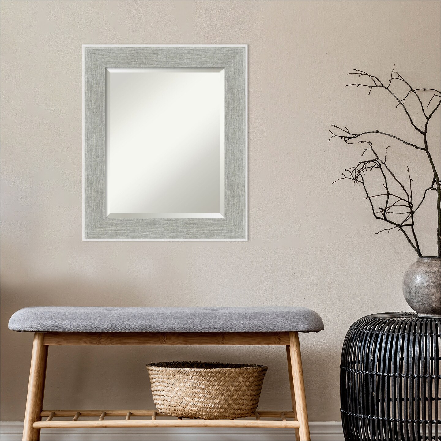 Beveled Bathroom Wall Mirror, Glam Linen Grey Frame