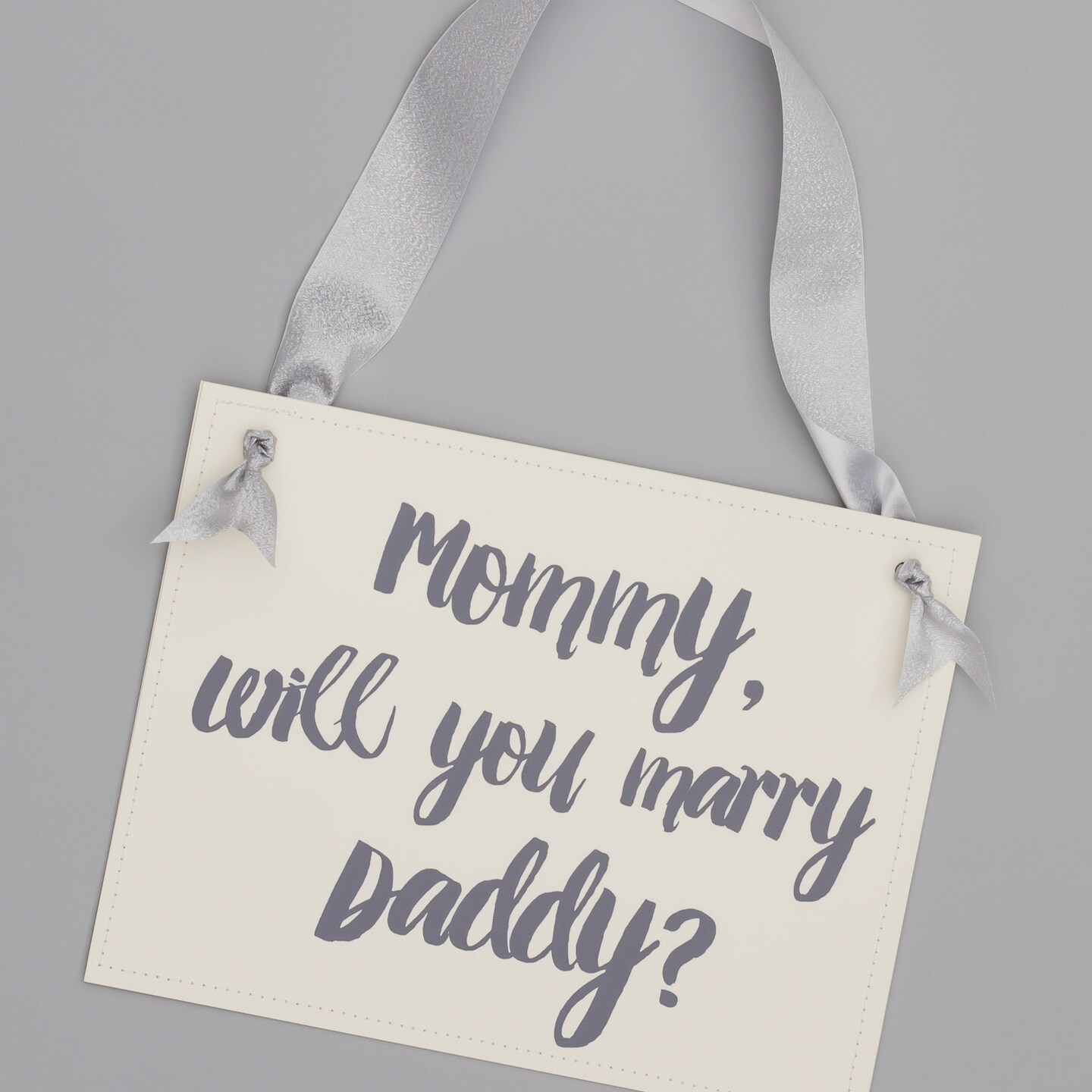 Ritzy Rose Cute Proposal Banner - Slate on 11x8in Ivory Linen Cardstock with Ivory Ribbon