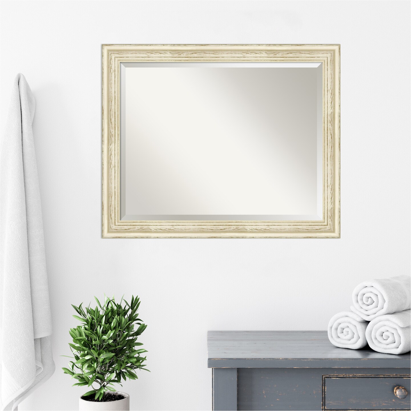 Beveled Wood Bathroom Wall Mirror, Country White Wash Frame