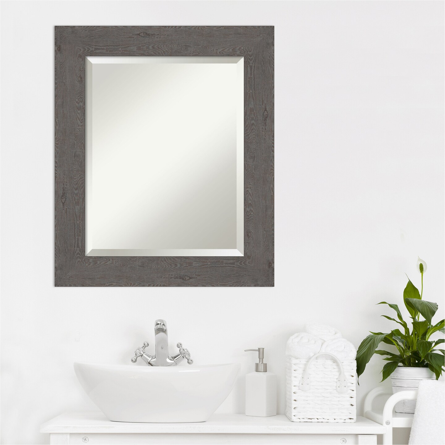 Beveled Bathroom Wall Mirror, Rustic Plank Frame