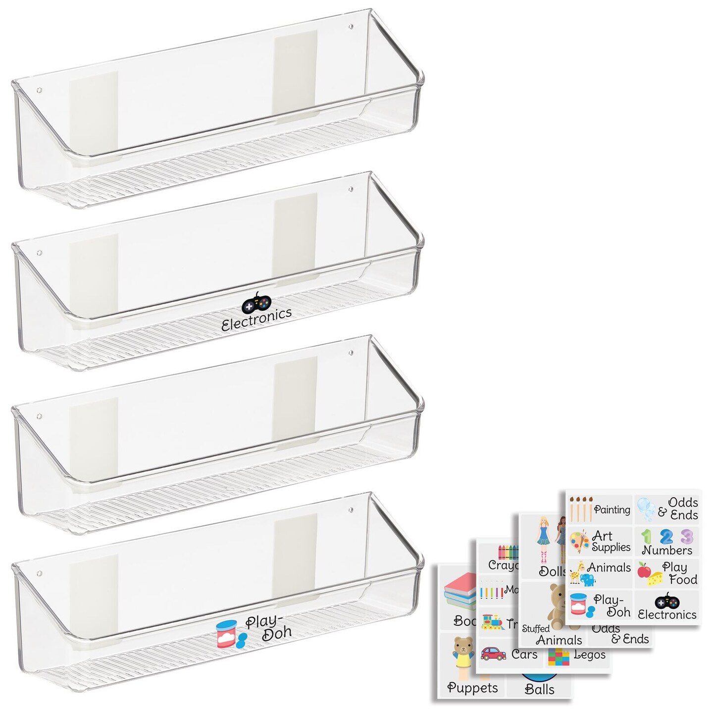 mDesign Plastic Adhesive, Wall Mount Toy Storage Tray + 24 Labels, 4 Pack, Clear Kids Storage