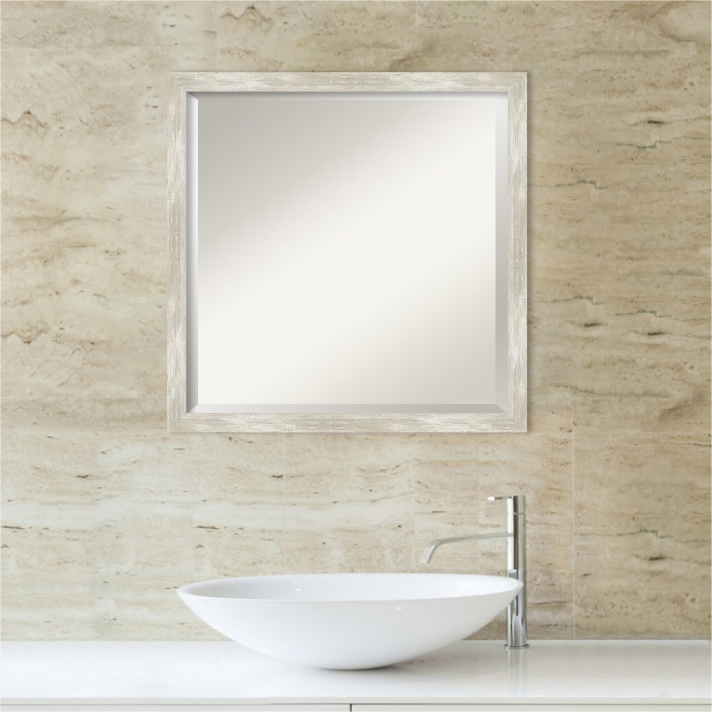 Beveled Bathroom Wall Mirror, Crackled Metallic Narrow Frame