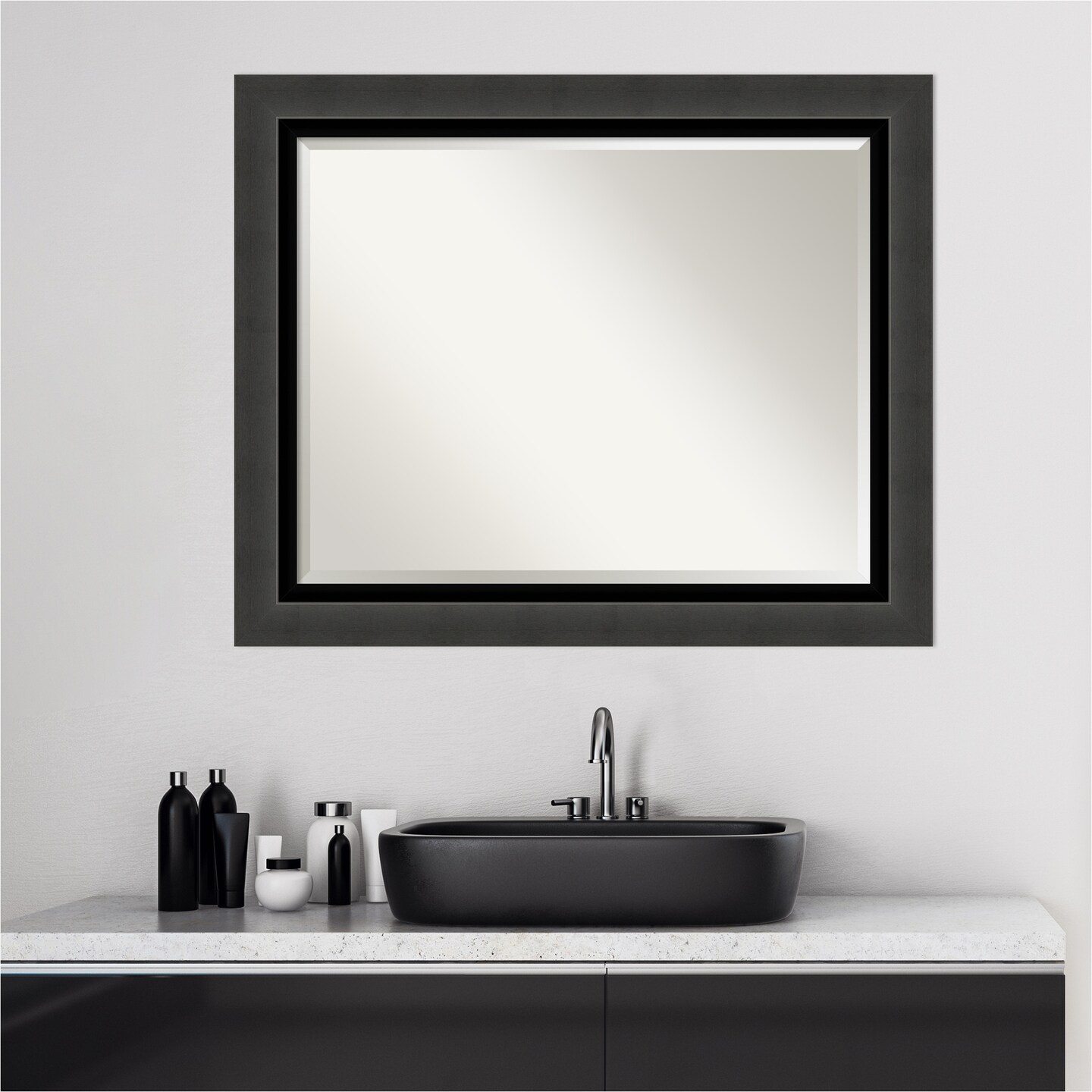 Beveled Bathroom Wall Mirror, Tuxedo Black Frame