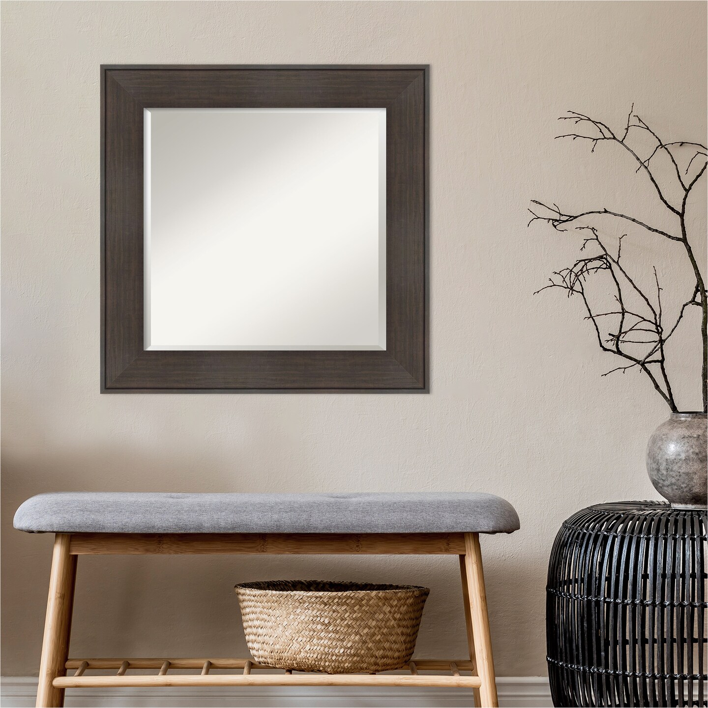 Beveled Bathroom Wall Mirror, William Rustic Woodgrain Frame