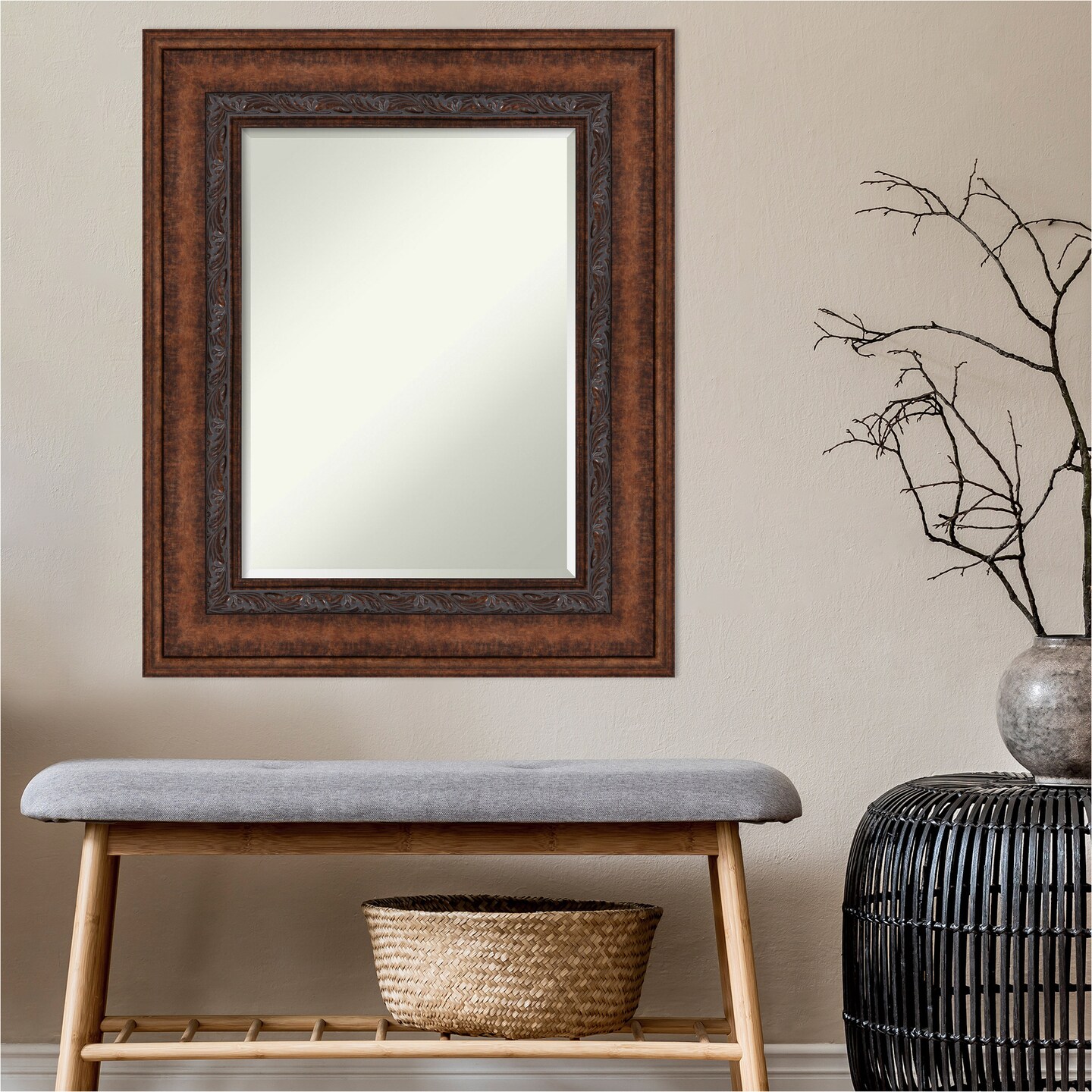 Beveled Bathroom Wall Mirror, Decorative Bronze Frame