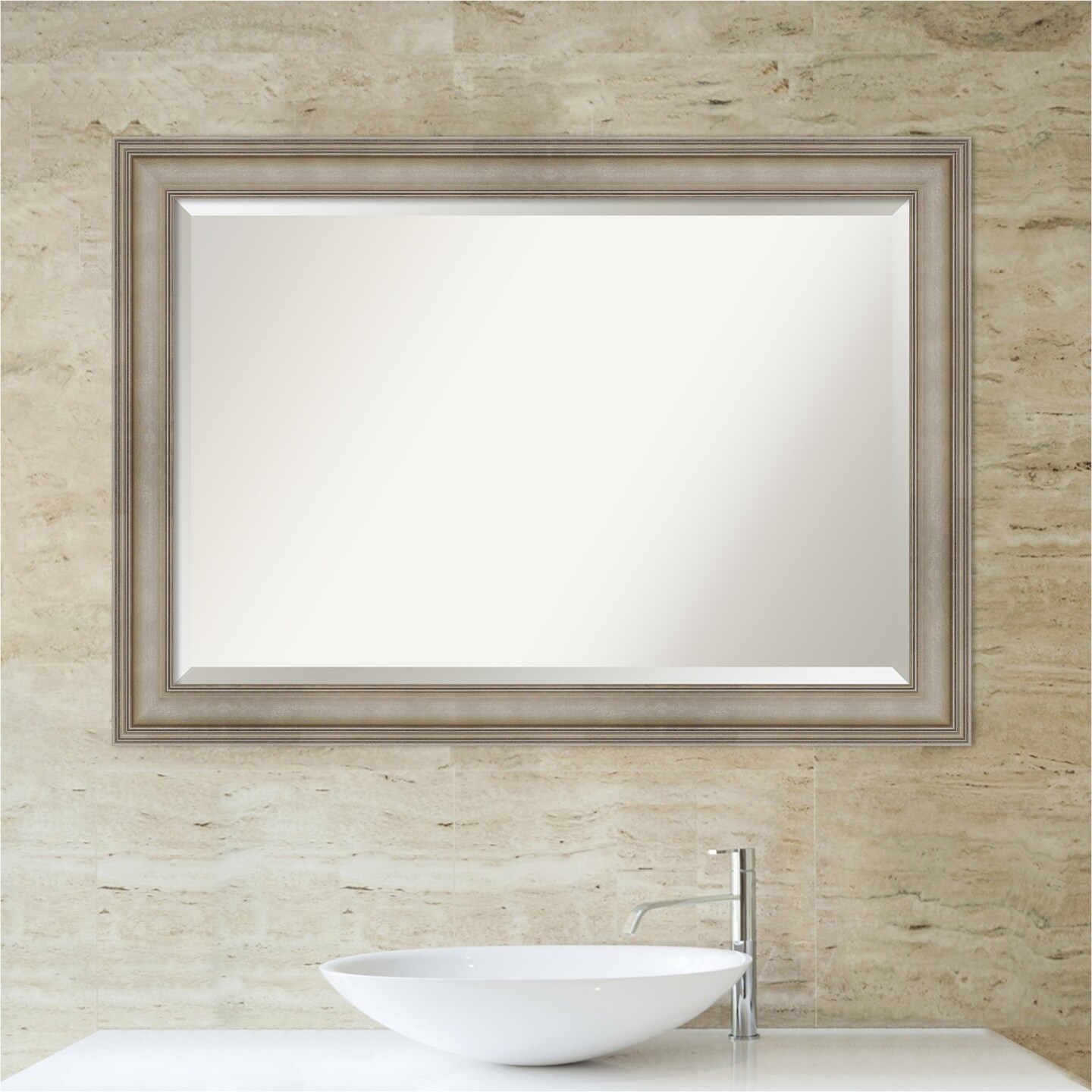 Beveled Wood Bathroom Wall Mirror, Mezzanine Antique Silver Narrow Frame