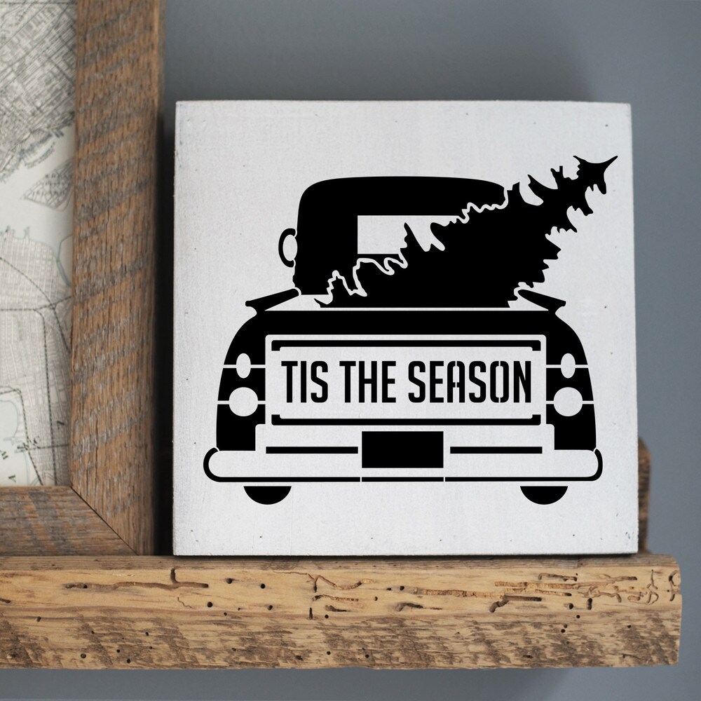 Tis The Season Vintage Truck & Tree Embossing 12 x 12 Stencil | FS055 by Designer Stencils | Word & Phrase Stencils | Reusable Stencil for Painting on Wood, Wall, Tile, Canvas, Paper, Fabric, Furniture, Floor | Stencil for Home Makeover