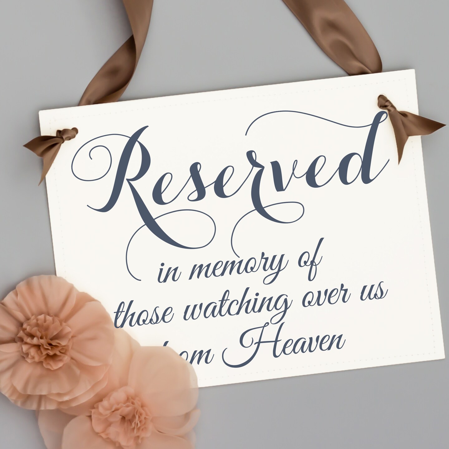 Ritzy Rose Memorial Chair Sign - Slate on 11x8in White Linen Cardstock with Greige Ribbon