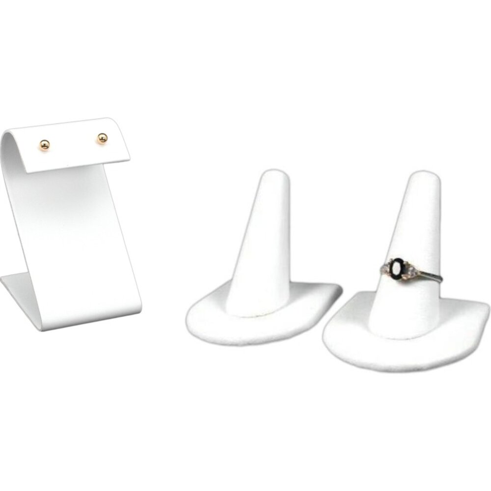 White Faux Leather Earring Stand &#x26; 2 Ring Finger Displays Jewelry Countertops