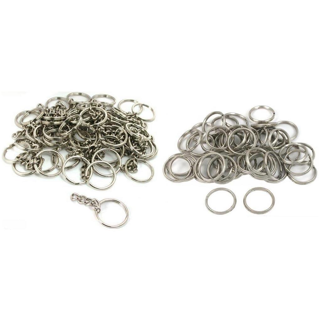 Nickel Plated Key Chain Ring W/ Chain &#x26; Metal Split Rings Findings Kit 100 Pcs