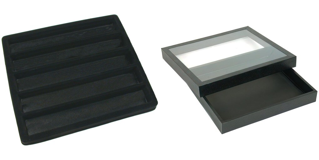 Black Square Display Case (Glass-top Removable Lid) w/ Black 5-slot Plastic Tray
