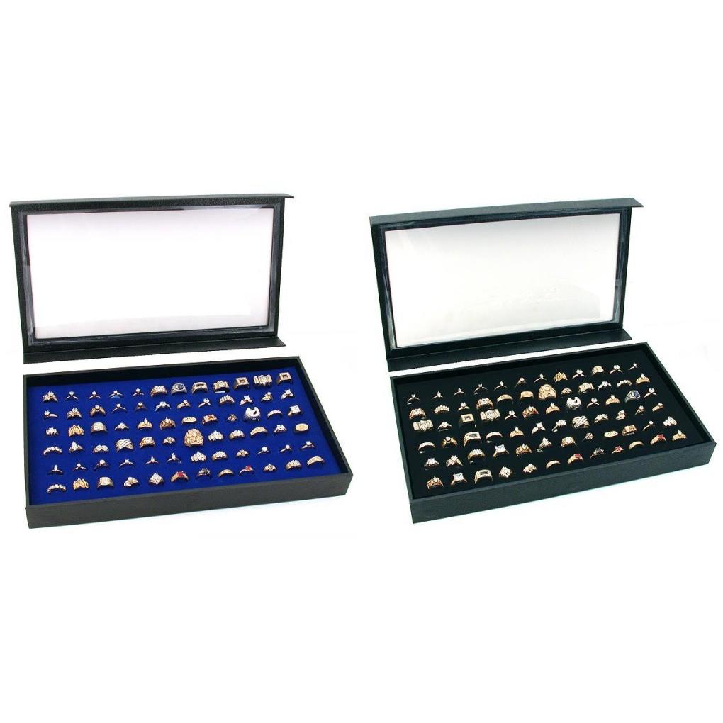 Display Cases W/ Clear Acrylic Magnetic Lid &#x26; Black &#x26; Blue Ring Foam Kit 4 Pcs