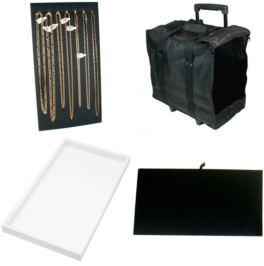 Jewelry Display Carrying Case Rolling With 8 White Plastic Trays and Displays