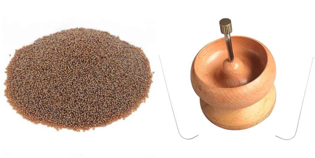 Large Wooden Bead Spinner 4.5&#x22; Diameter, 2 Beading Needles &#x26; 500 Grams Brown Seed Beads 11/0