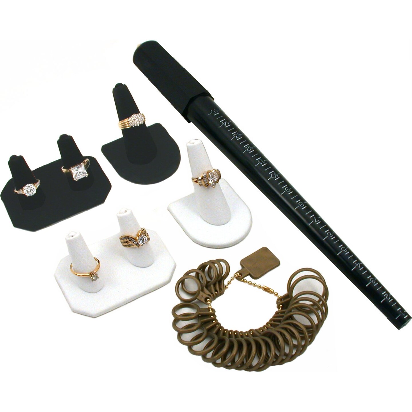6 Piece Jewelers Ring Display Set - Mandrel, Gauge Single & Double Ring Displays