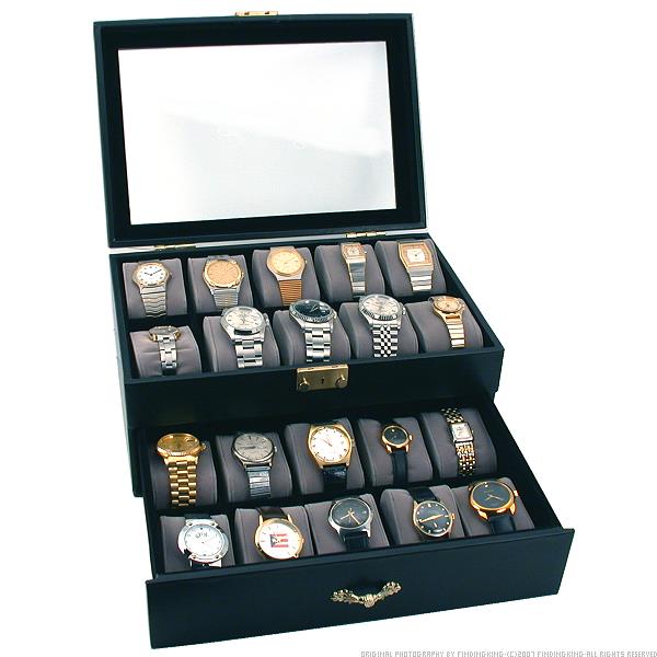Lockable Glass Top Faux Leather Watch Jewelry Display Cases 20 &#x26; 18pc Kit 2 Pcs