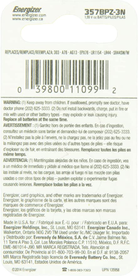 Energizer 357 Battery, (Pack of 3)