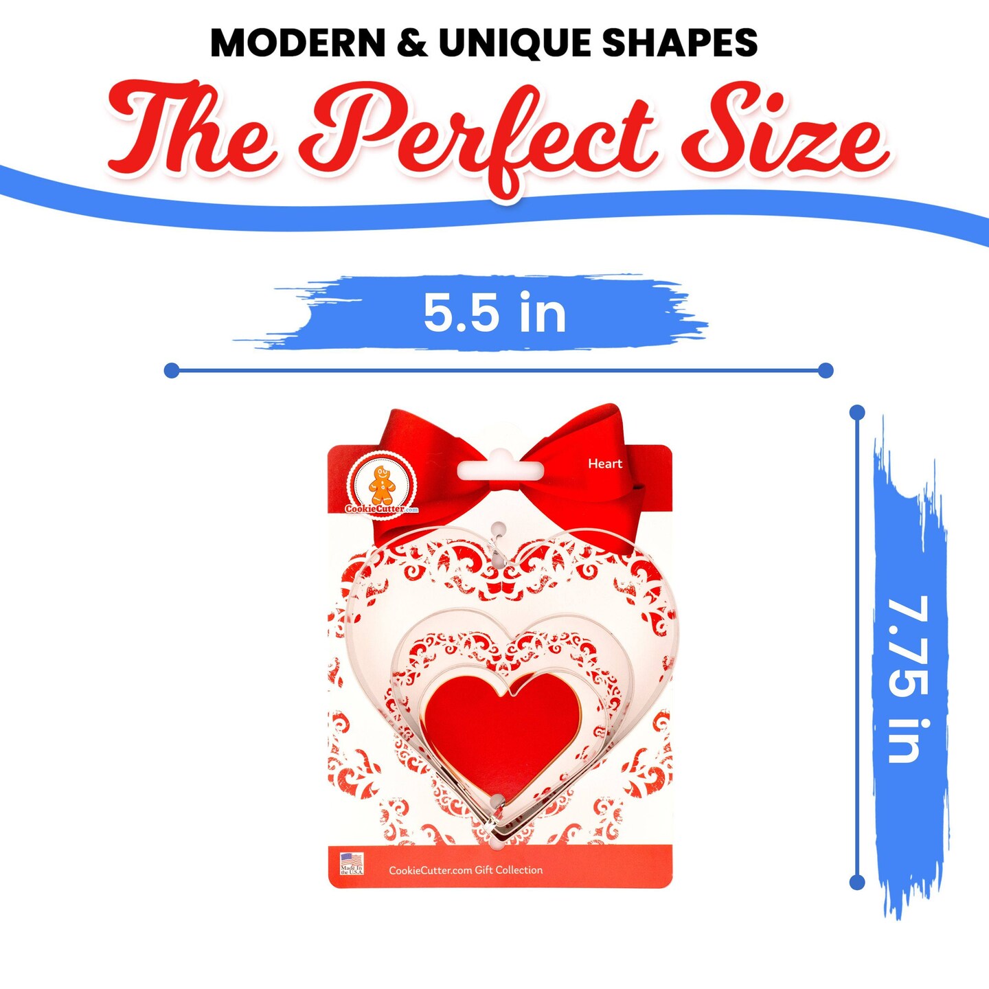 CookieCutter.com Heart Cookie Cutter Set 3 Piece, Hang Tag Cookie Recipe Card, Large, Medium, Small, Tin Plate Steel, USA