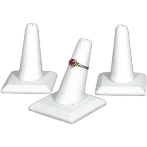 3 White Faux Leather Ring Square Base Finger Displays and 3 Acrylic Jewelry Display Risers