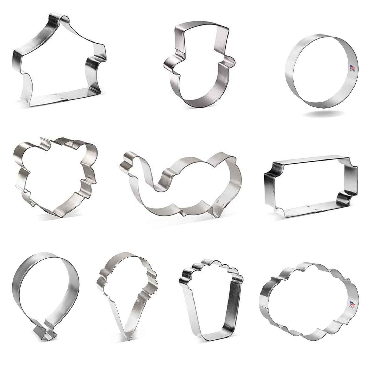 CookieCutter.com Circus Birthday 10 Piece Cookie Cutters Set, Tent, Ringmaster, Ball, Lion Face, Elephant, Ticket, Ice Cream, Tin Plate Steel, USA