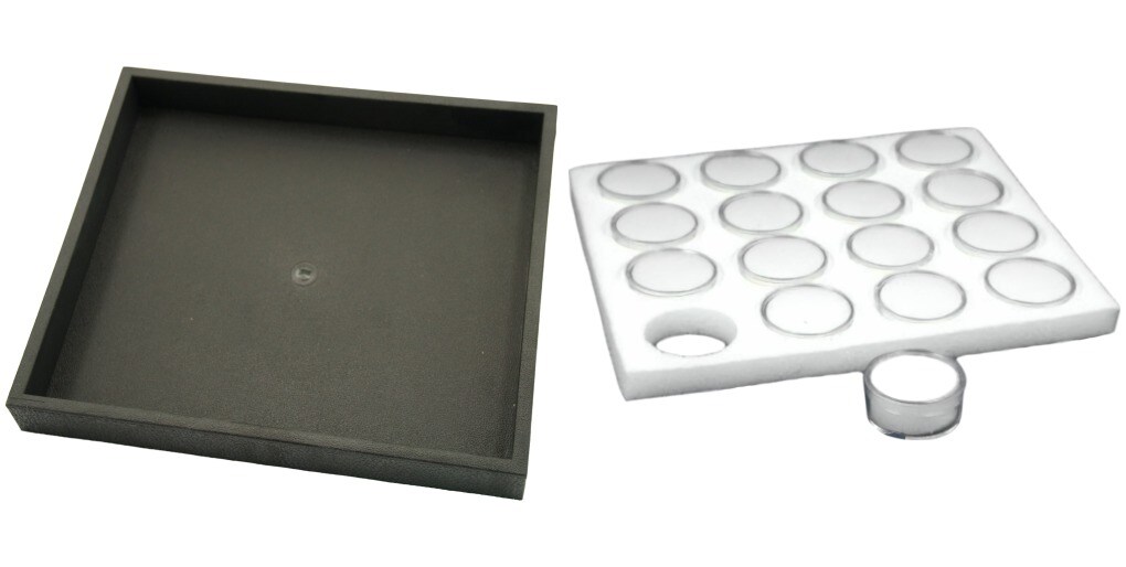 Black Open Square Stackable Jewelry Display Tray w/ White Foam 16 Gem Jar Insert