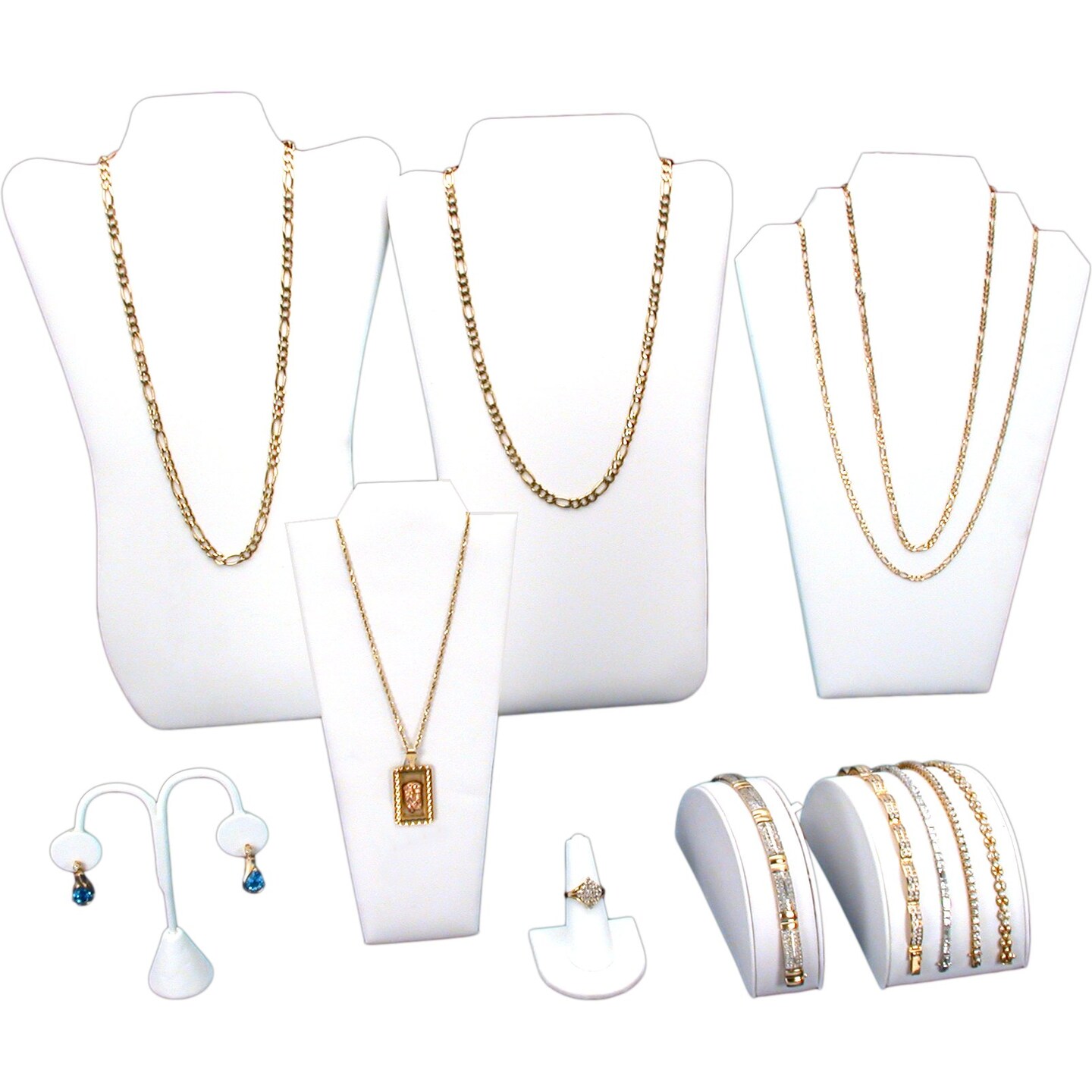 White Leatherette Large Jewelry Display 8 Pc Set New