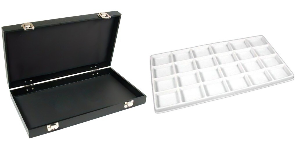 Black Jewelry Case (2xMetal Clasps &Removable Lid) w/ White 24-slot Plastic Tray