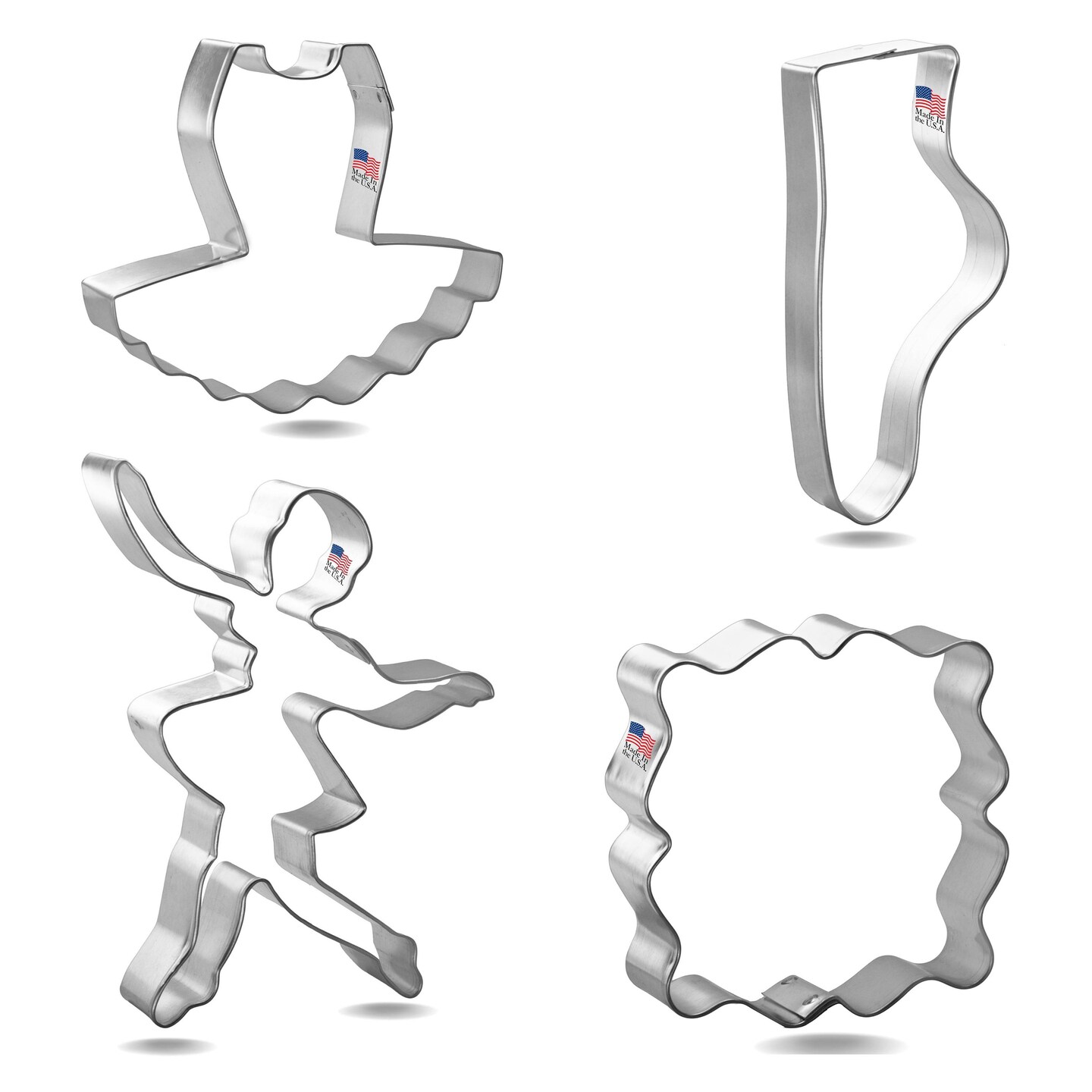 CookieCutter.com Ballet 4 Piece Cookie Cutters Set, Ballerina, Tutu, Ballet Slipper, Fancy Square, Tin Plate Steel, USA