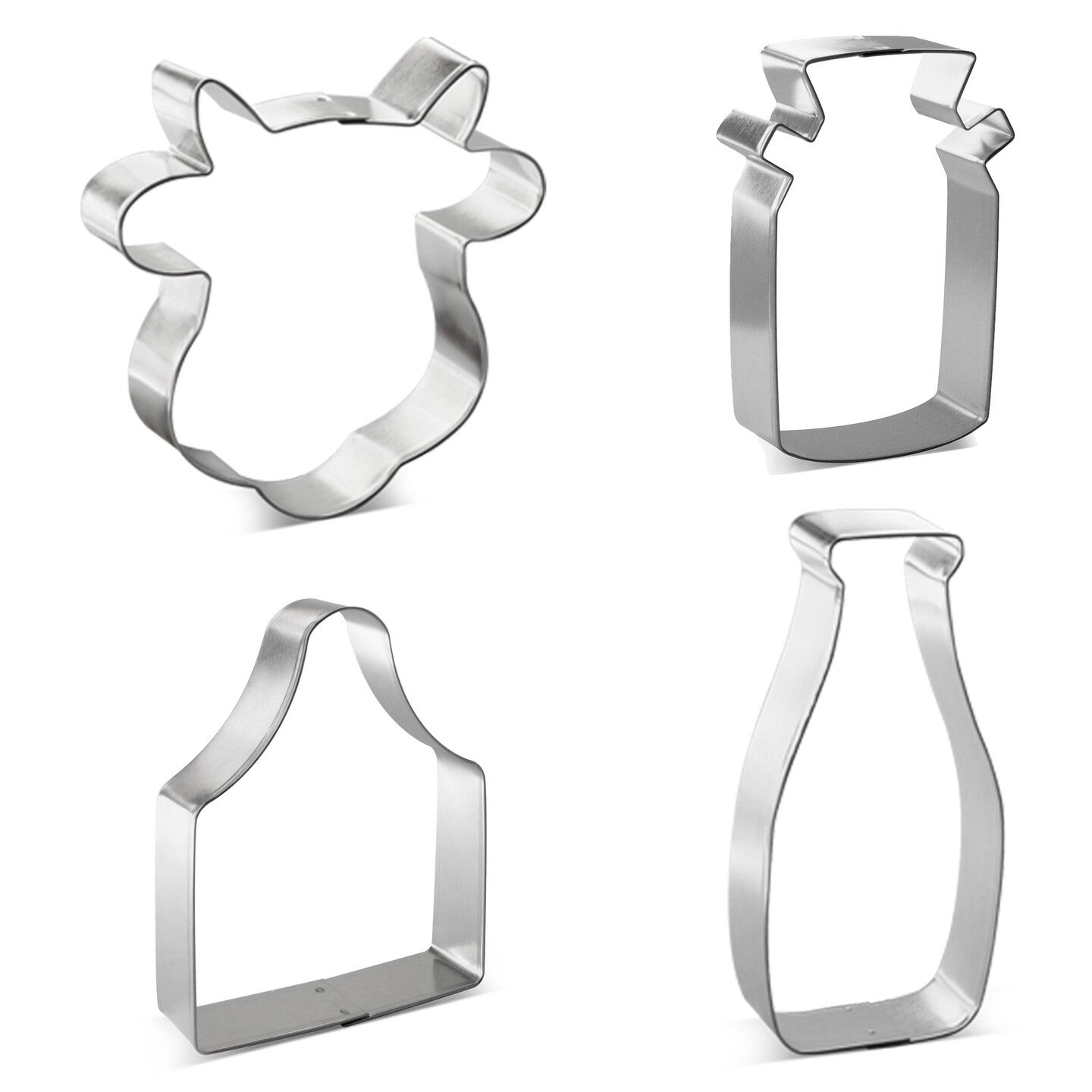 CookieCutter.com Dairy Farm Cow 4 Piece Cookie Cutters Set, Cow Face, Milk Bottle, Ear Tag, Milk Jug, Tin Plate Steel, USA