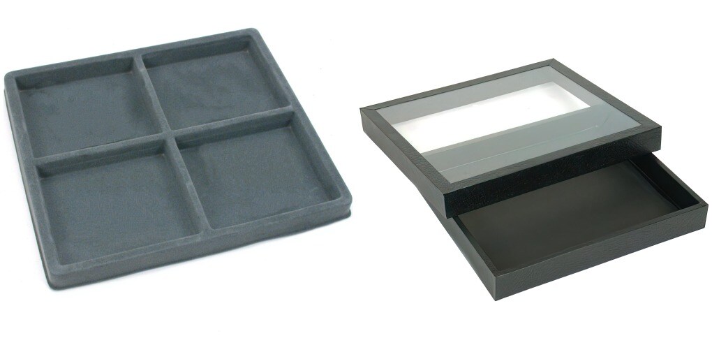Black Square Display Case (Glass-top Removable Lid) w/ Gray 4-slot ...