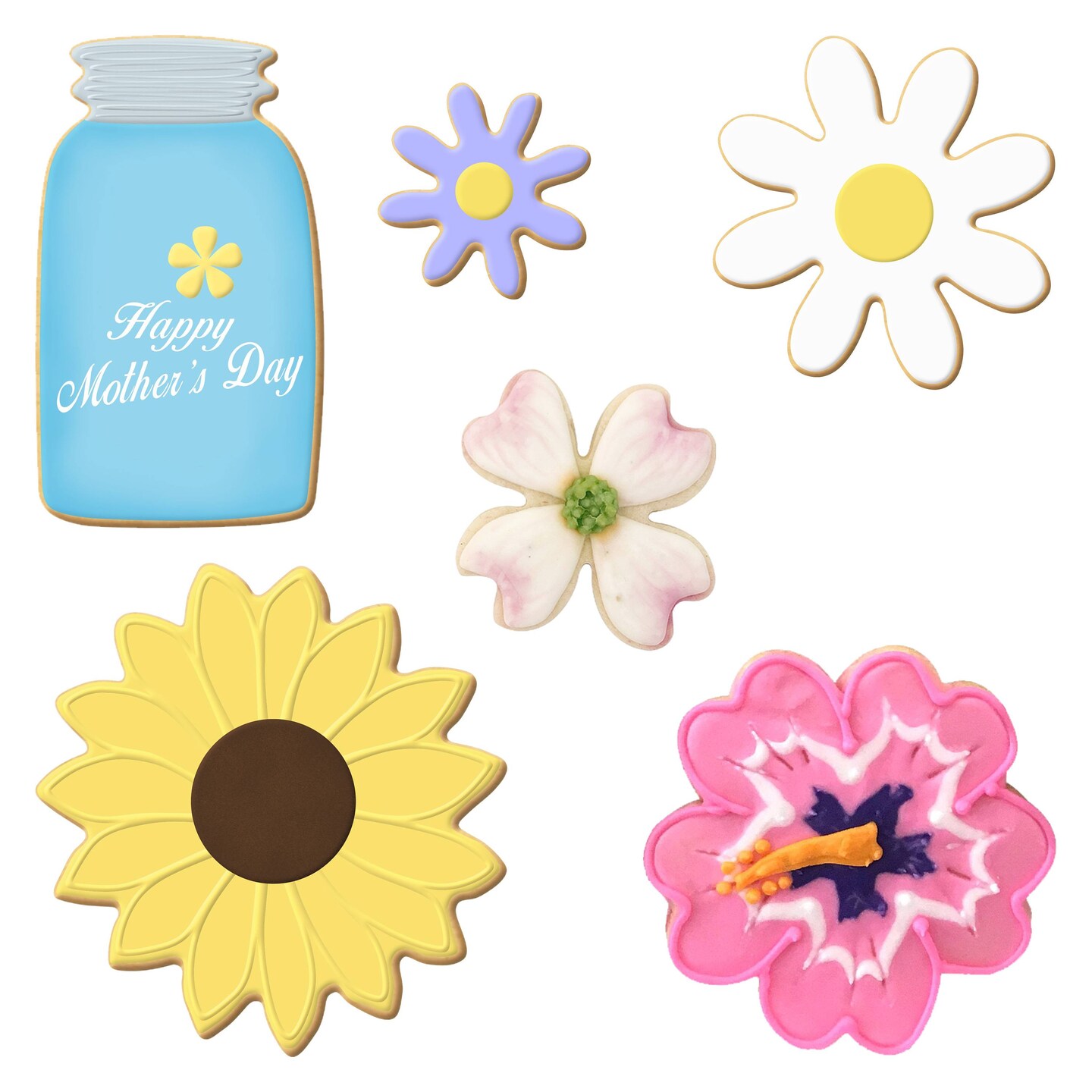 CookieCutter.com Mothers Day Flowers 6 Piece Cookie Cutters Set, Sunflower, Mason Jar, Hibiscus, Daisy, Tin Plate Steel, USA