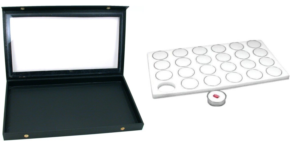 Black Glass Top Jewelry Case (Snap close lid) w/ White Foam 24 Gem Jar Insert