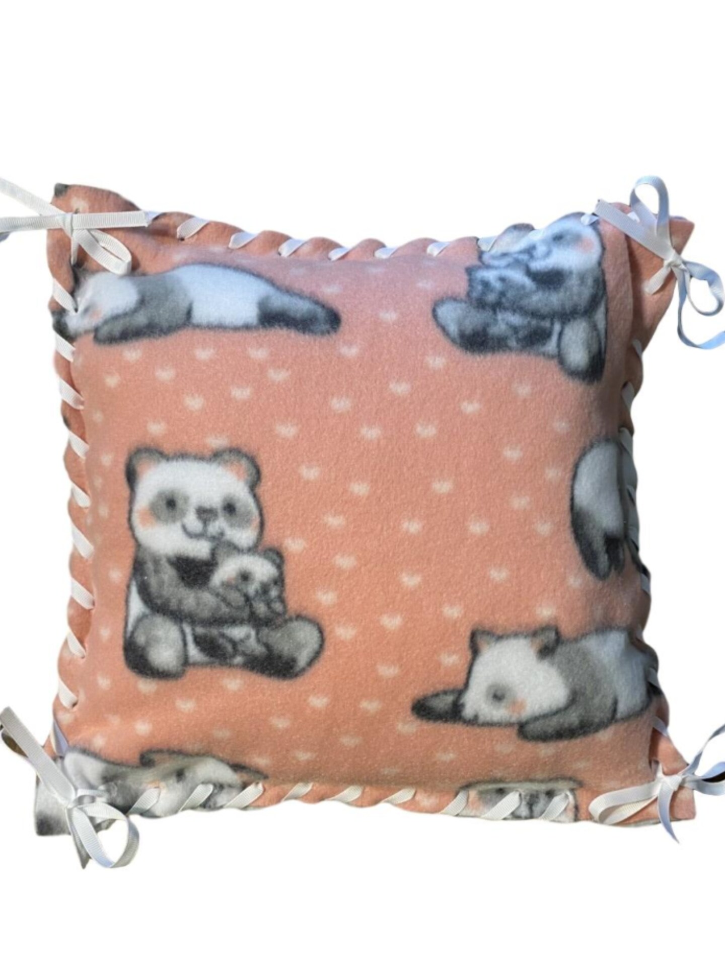 Make Your Own Fleece Pillow Kit for Dementia, Elderly, Low Vision and Child Friendly, Grosgrain Ribbon, Needle & Insert Included, Pink and Grey Panda Pattern