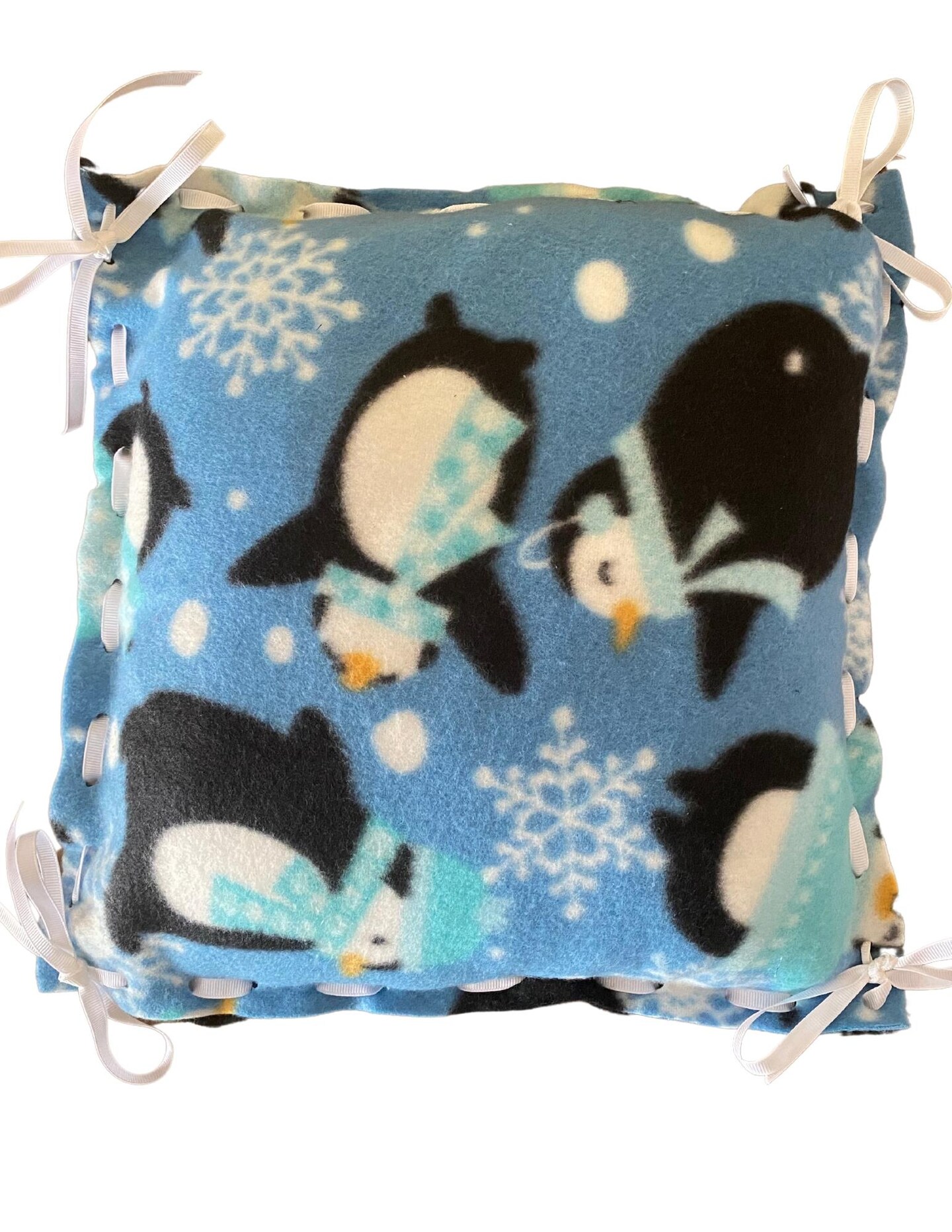 Make Your Own Fleece Pillow Kit for Elderly, Low Vision, Blind, Disabled & Child Friendly, No Knotting, Simple Lacing, Insert Included, Penguins in Scarves Pattern