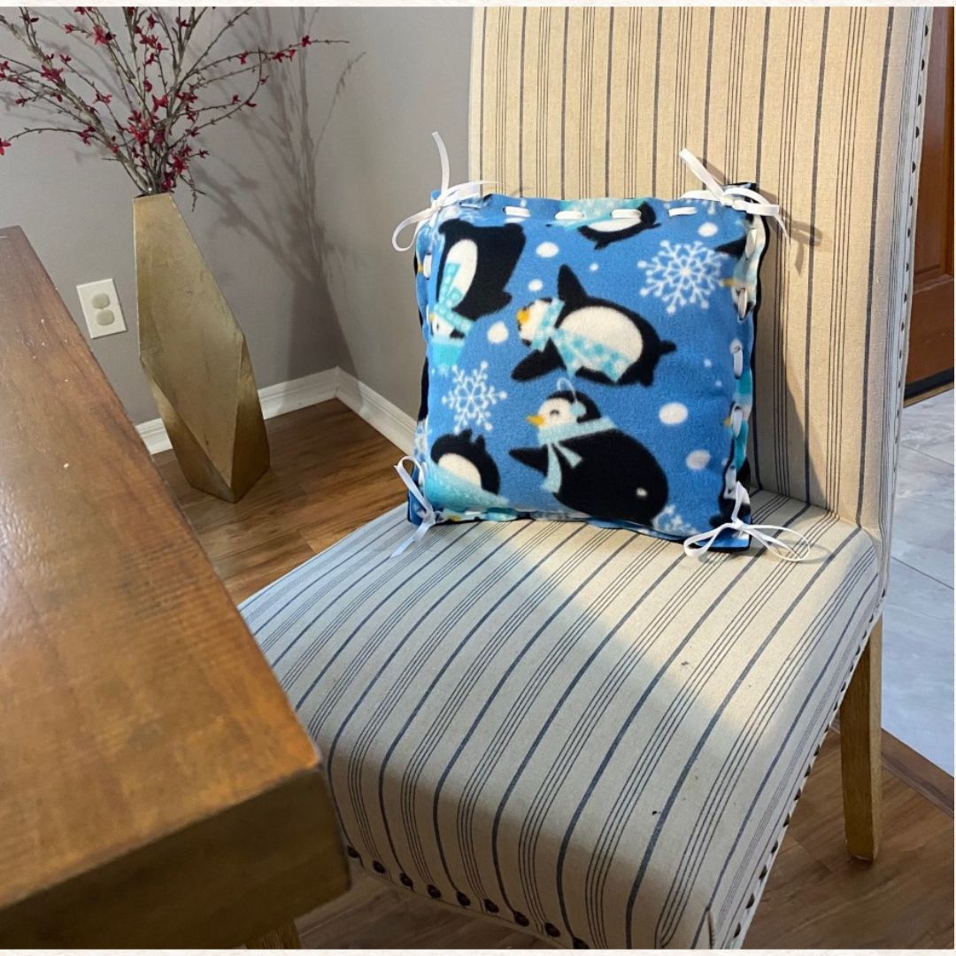 Make Your Own Fleece Pillow Kit for Elderly, Low Vision, Blind, Disabled & Child Friendly, No Knotting, Simple Lacing, Insert Included, Penguins in Scarves Pattern