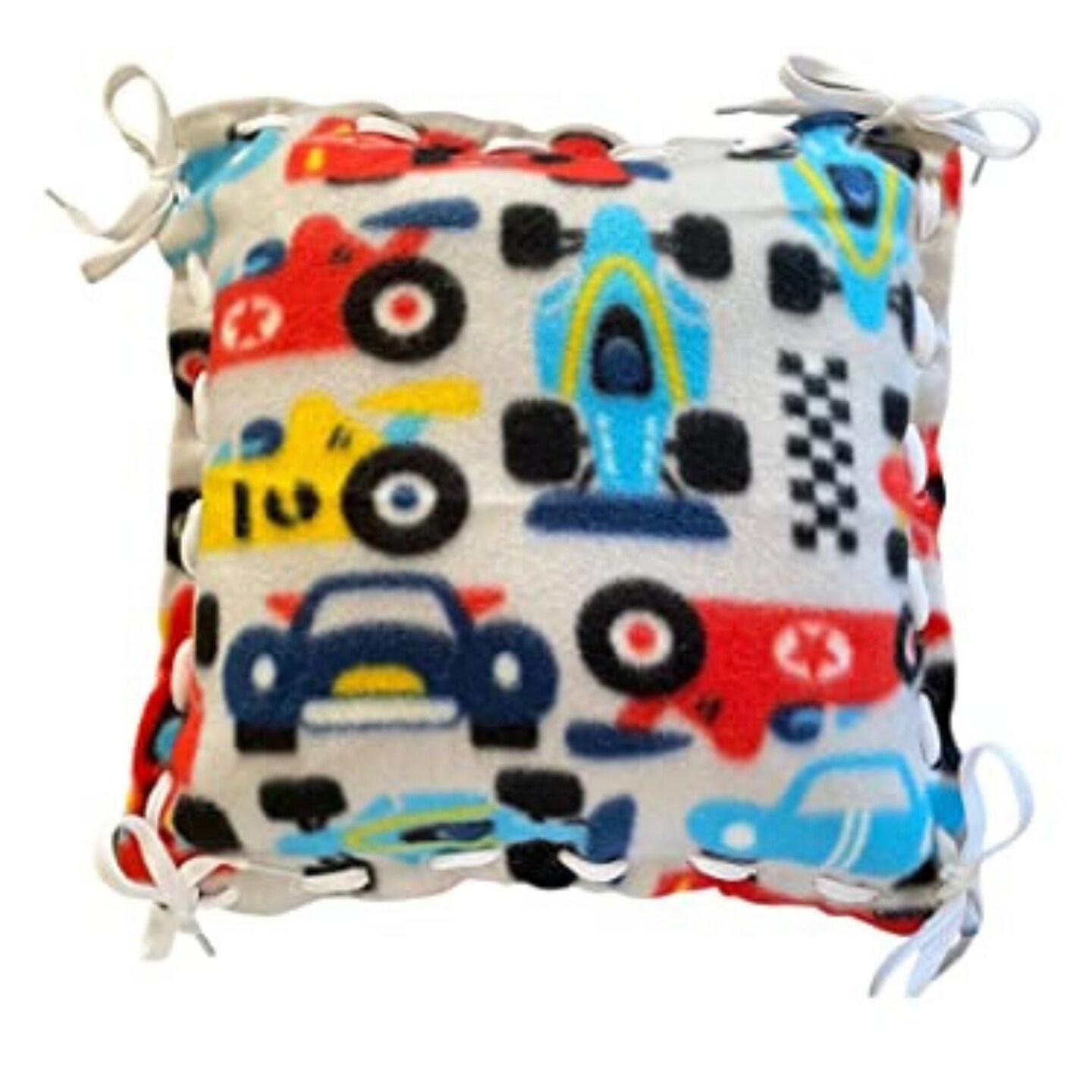 Make Your Own Fleece Pillow Kit Activity for Elderly, Low Vision, Dementia, Blind, Disabled and Child Friendly, Easy to Weave Shoe Laces, Insert Included, Multicolor Race Car Pattern