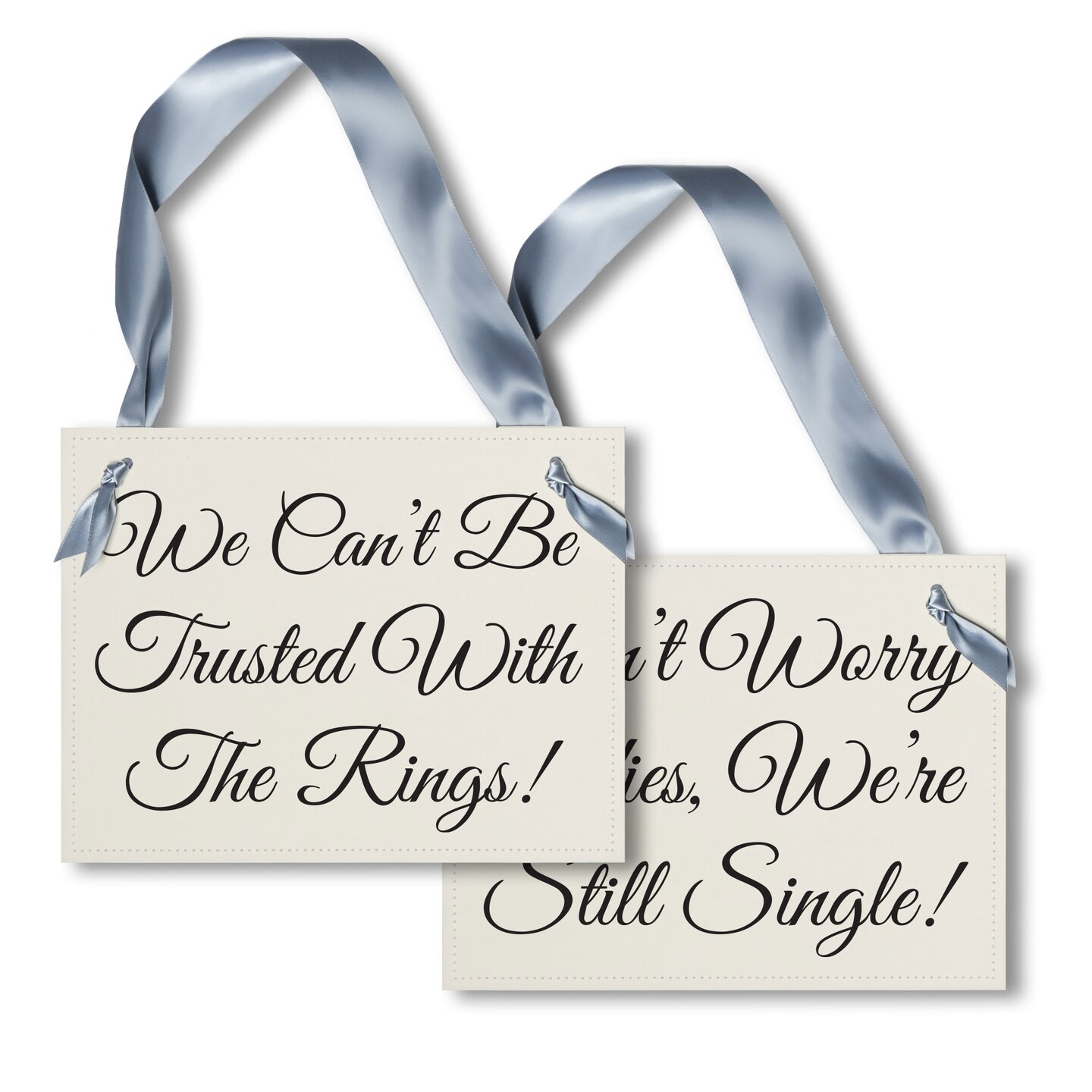 Ritzy Rose Funny Ring Bearer Sign - Black on 11x8in Ivory Linen Cardstock with Dusty Blue Ribbon