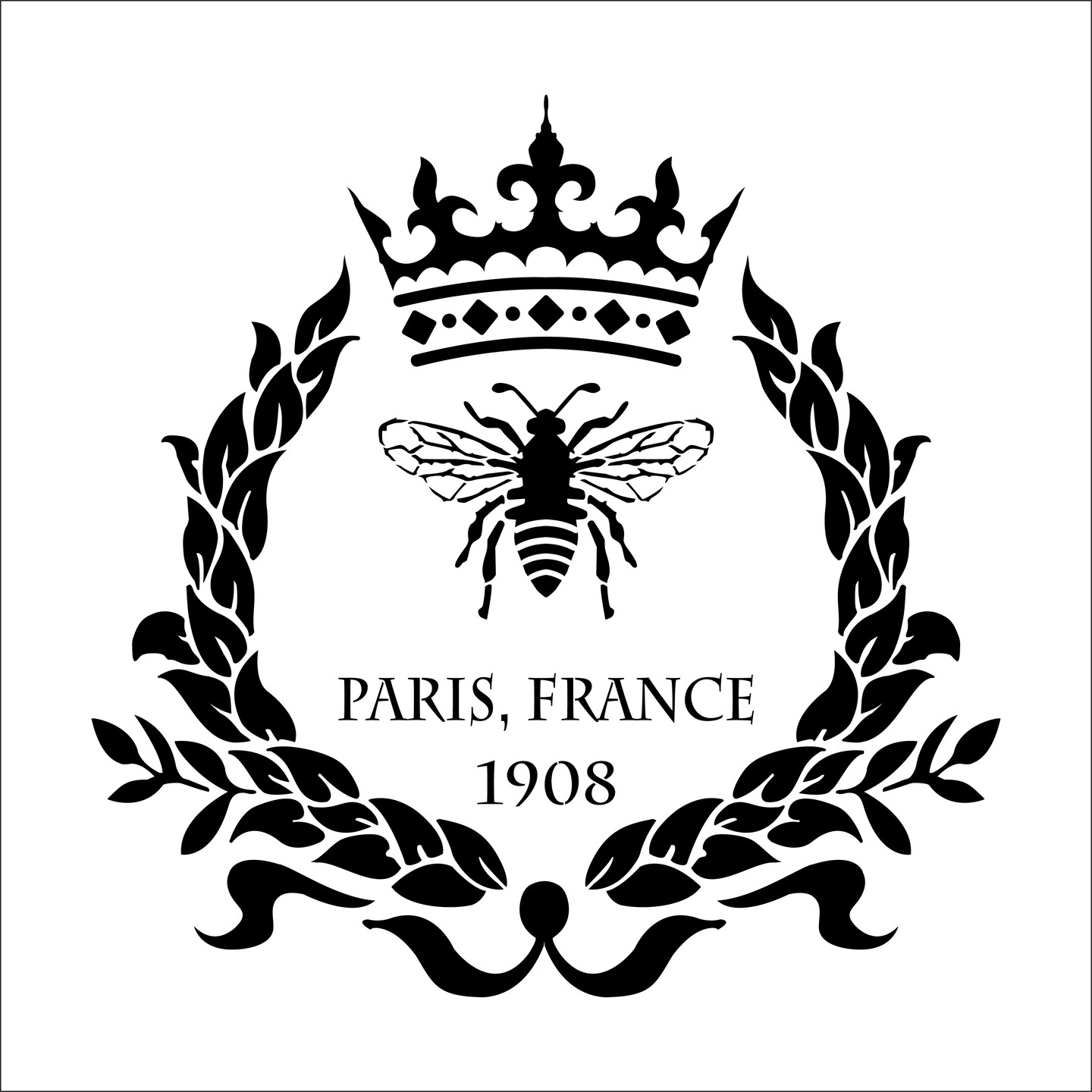Parisian Bee and Crown Wreath Embossing 12 x 12 Stencil | FS023 by Designer Stencils | Word & Phrase Stencils | Reusable Stencils for Painting on Wood, Wall, Tile, Canvas, Paper, Fabric, Furniture, Floor | Stencil for Home Makeover