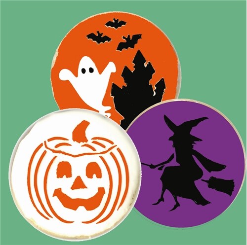 Halloween Cookie Stencils: Witch, Jack-o-Lantern, Ghosts | C168 by Designer Stencils | Cookie Decorating Tools | Baking Stencils for Royal Icing, Airbrush, Dusting Powder | Reusable Plastic Food Grade Stencil for Cookies | Easy to Use &#x26; Clean Stencil